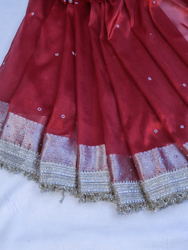 Banarasee Handloom Tissue Saree With Handwoven Pearl Motifs Zari Work & Lace-Red