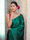 Banarasee Handloom Satin Hand Dyed Saree With Mirror Work-Deep Green & Pink