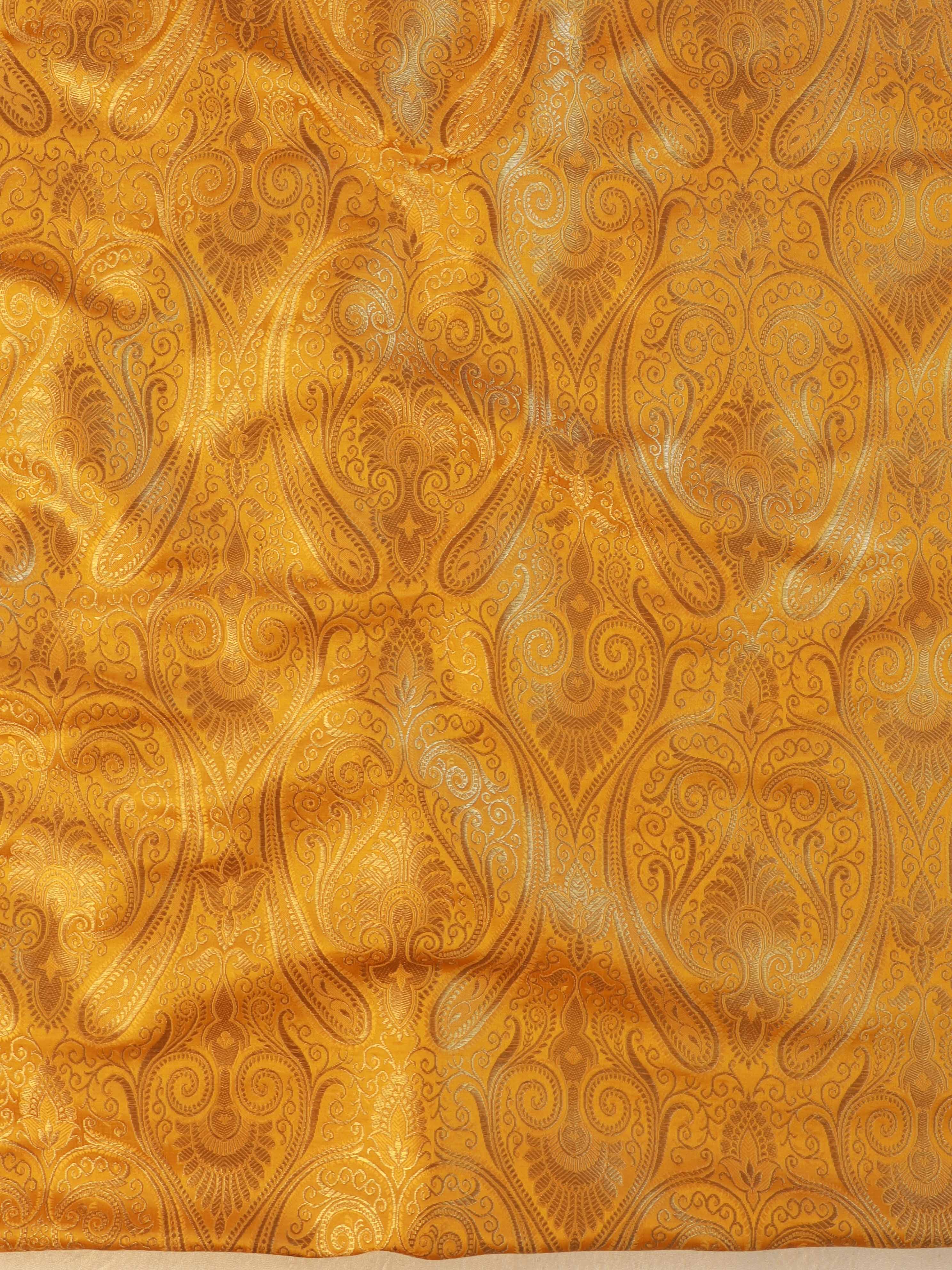 Banarasee Satin Brocade Gold Zari Jaal Design Fabric-Yellow