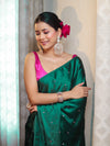 Banarasee Handloom Satin Hand Dyed Saree With Mirror Work-Deep Green & Pink