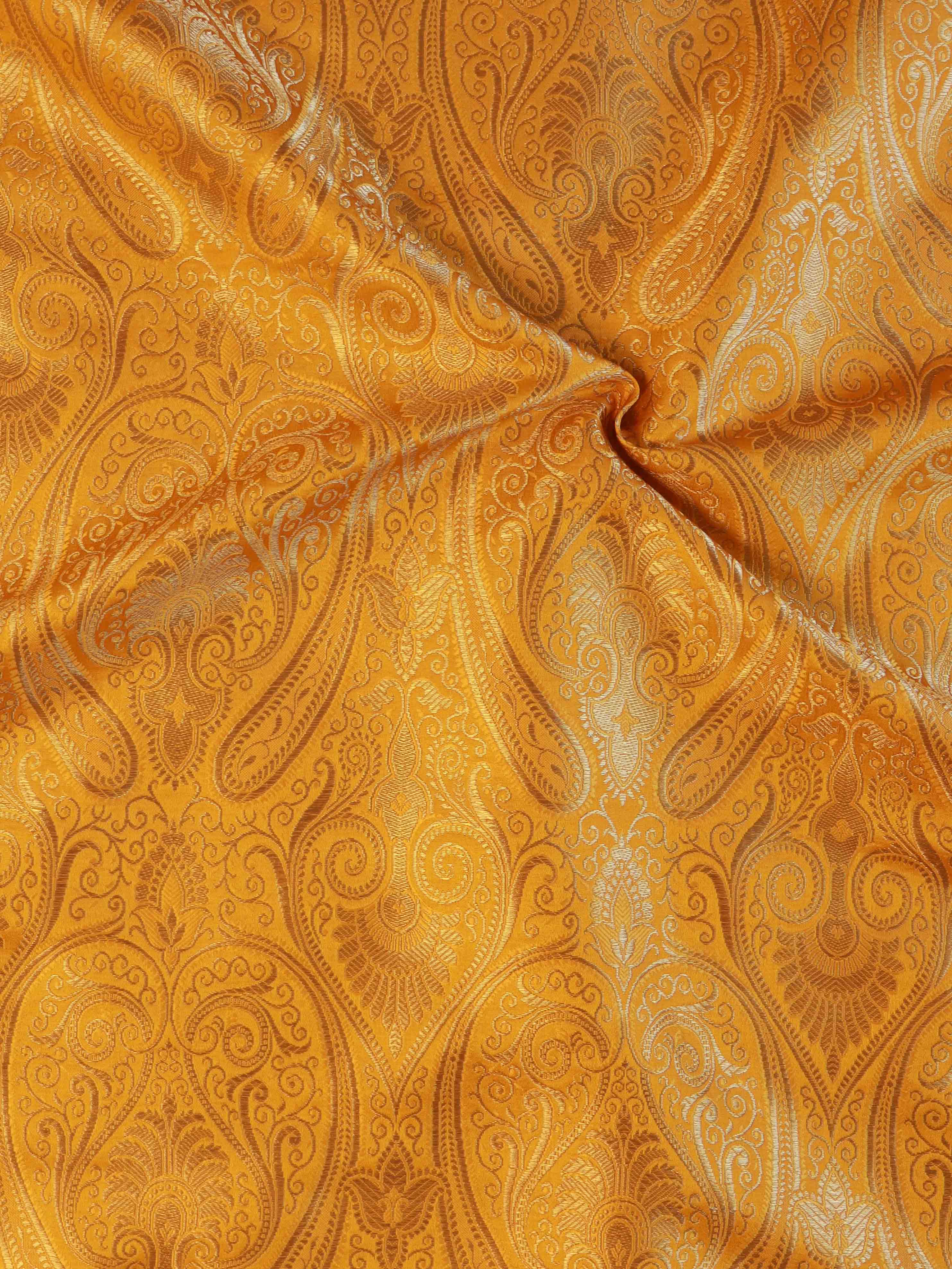 Banarasee Satin Brocade Gold Zari Jaal Design Fabric-Yellow