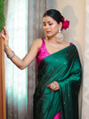 Banarasee Handloom Satin Hand Dyed Saree With Mirror Work-Deep Green & Pink