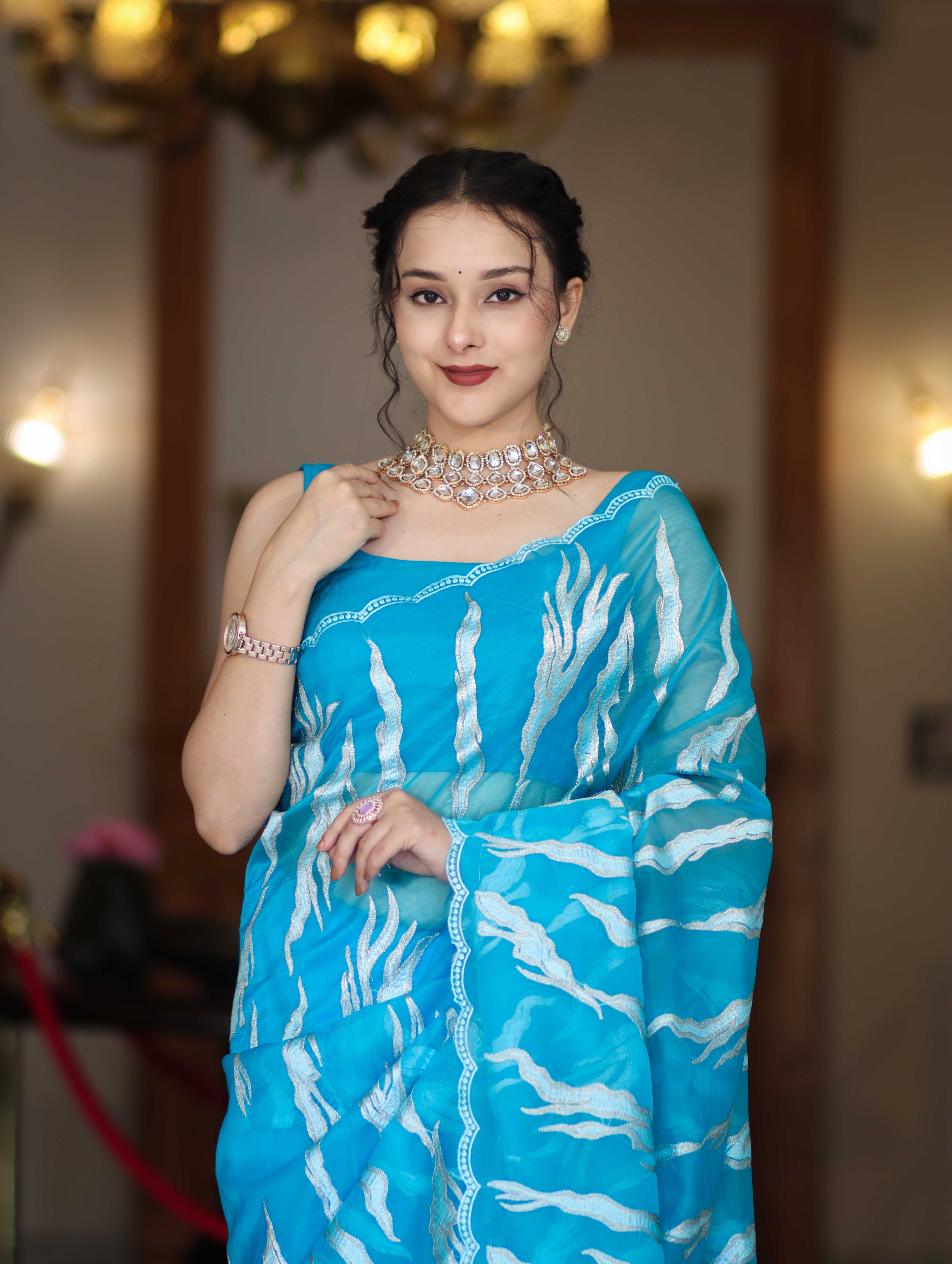 Banarasee Handloom Organza Saree With Resham Zari Work & Scallop Border-Sky Blue