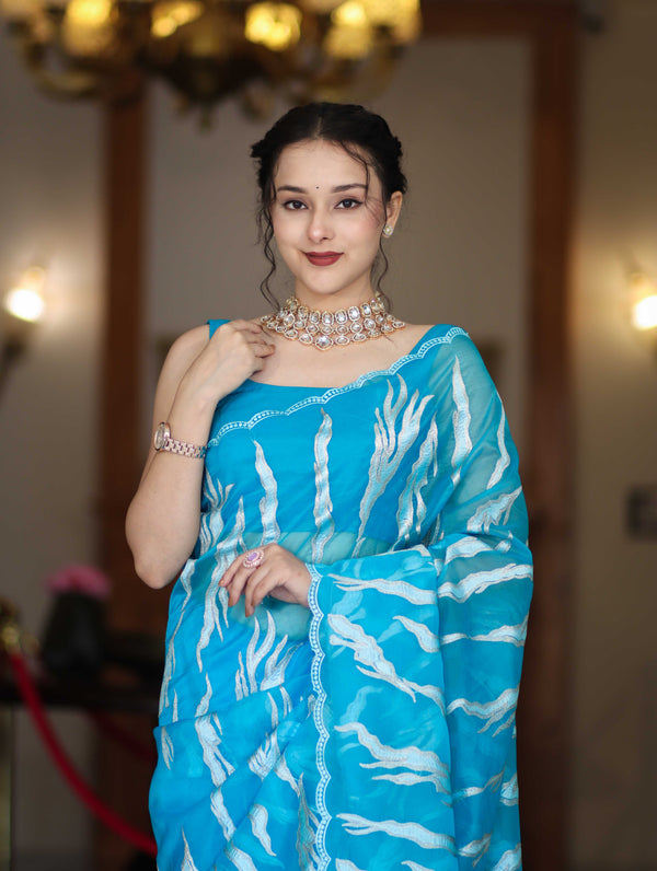 Banarasee Handloom Organza Saree With Resham Zari Work & Scallop Border-Sky Blue