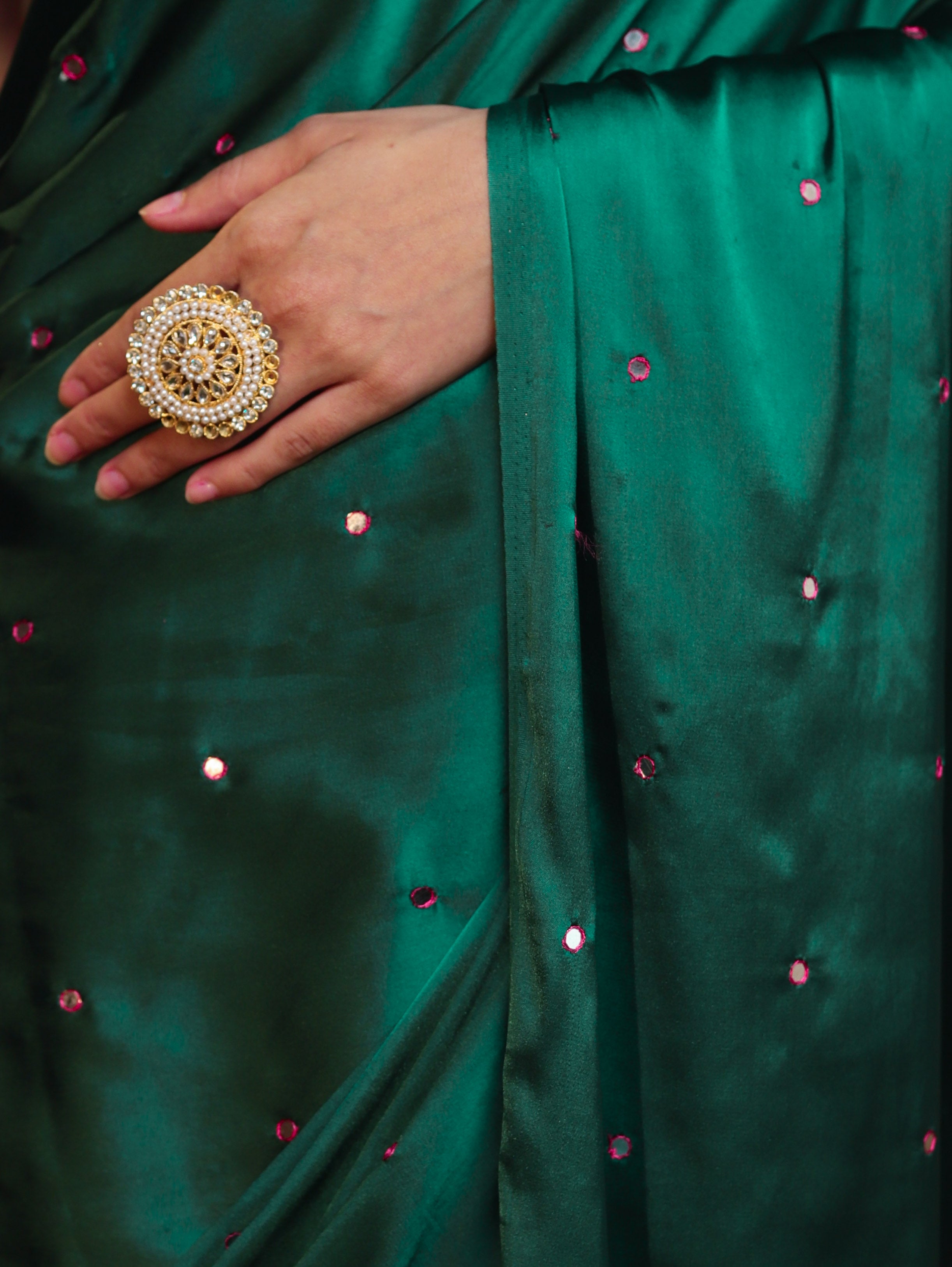 Banarasee Handloom Satin Hand Dyed Saree With Mirror Work-Deep Green & Pink