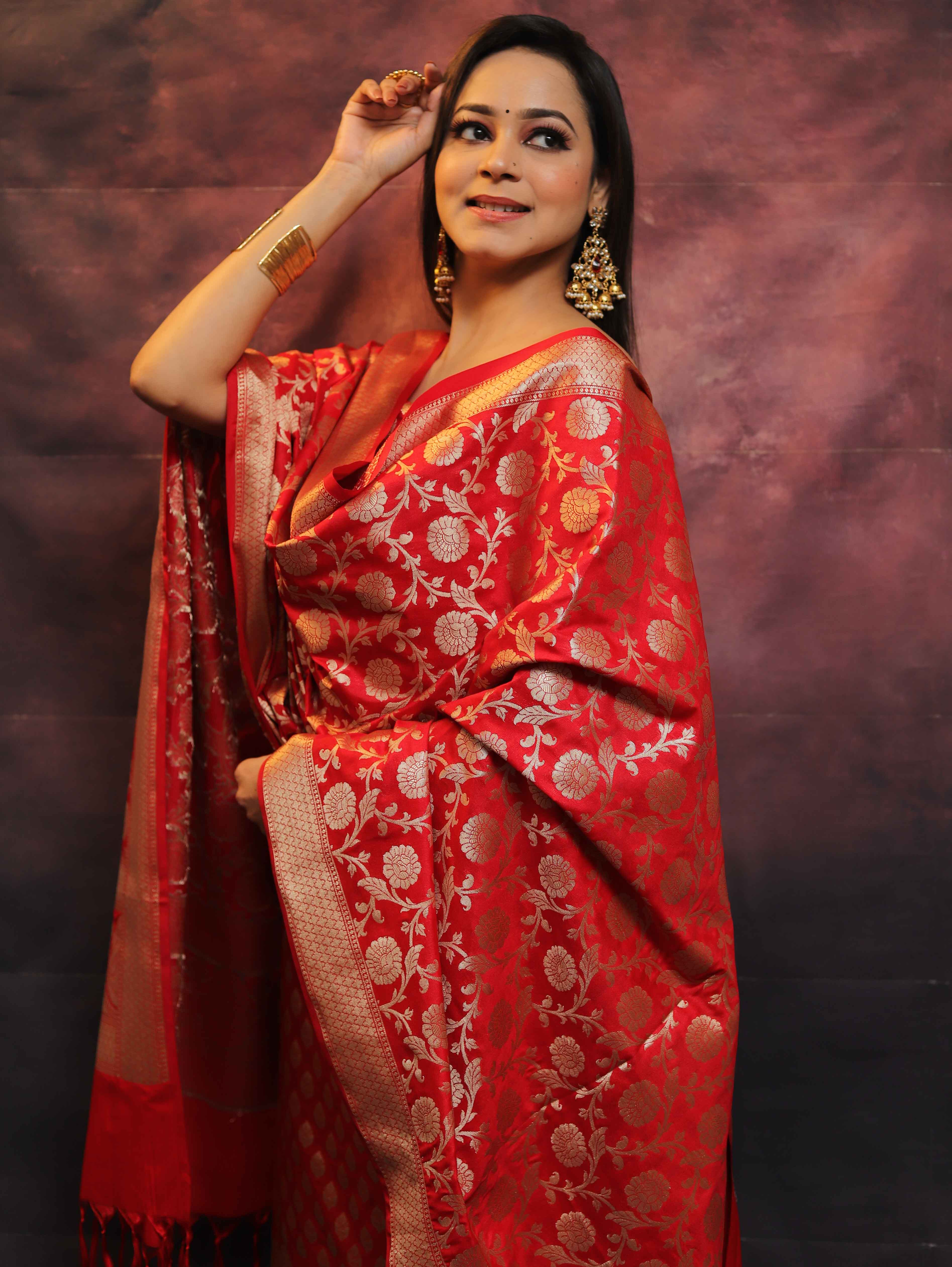 Banarasee Salwar Kameez Semi Katan Silk Fabric With Zari Work-Red