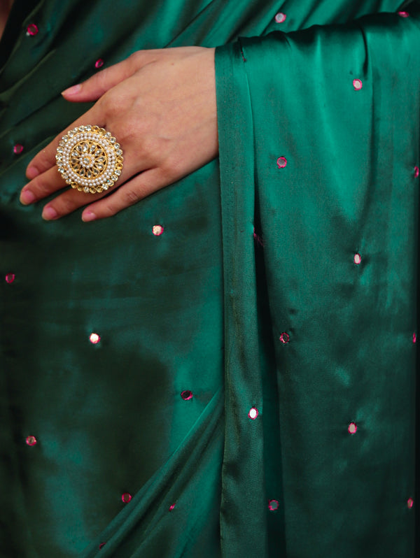 Banarasee Handloom Satin Hand Dyed Saree With Mirror Work-Deep Green & Pink