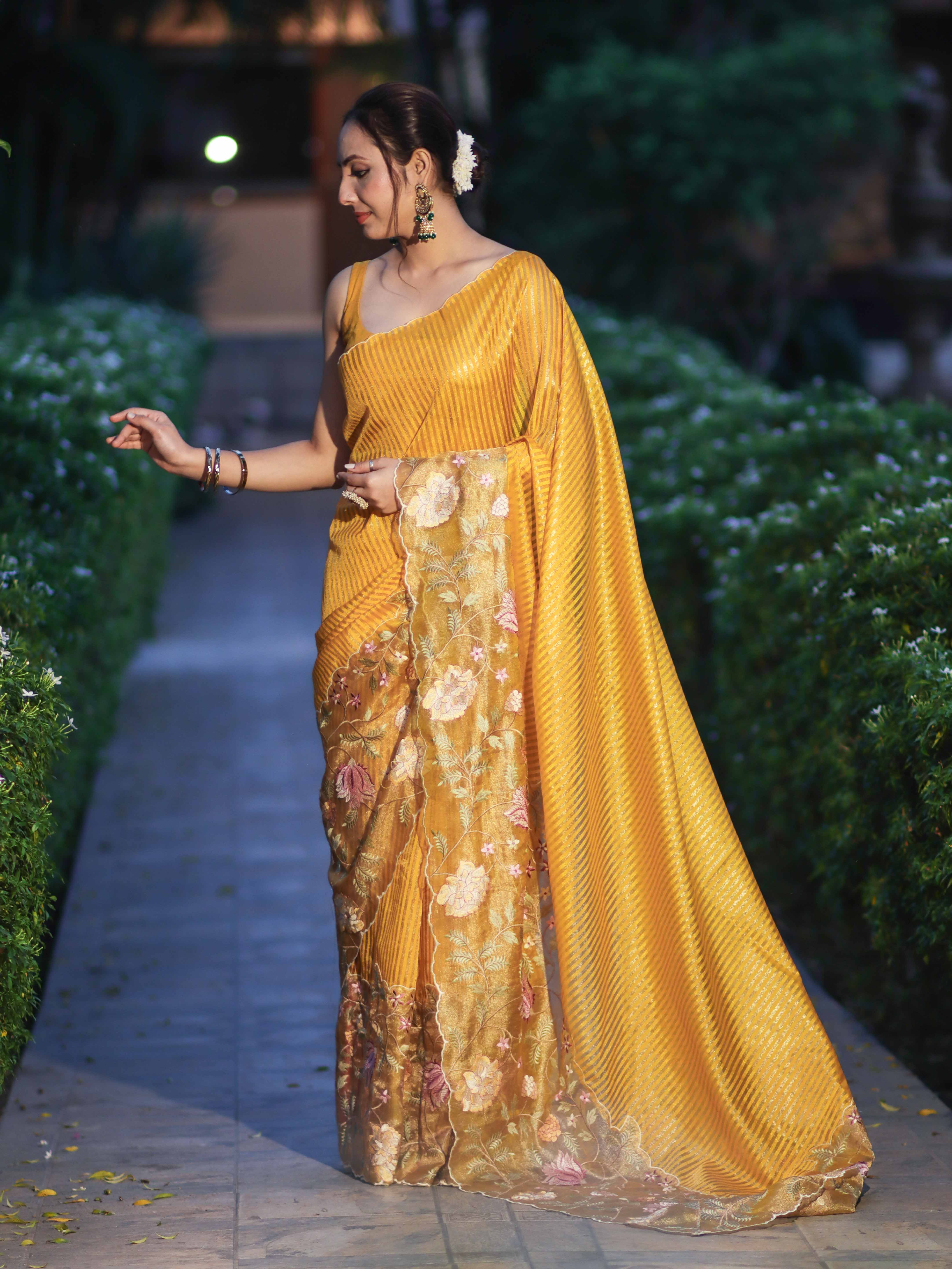 Banarasee Tissue Silk Saree With Zari Stripes & Resham Floral Embroidered Broad Border-Yellow