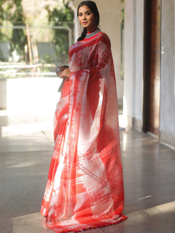 Bhagalpur Handloom Shibori Dyed Linen Saree-Red & White