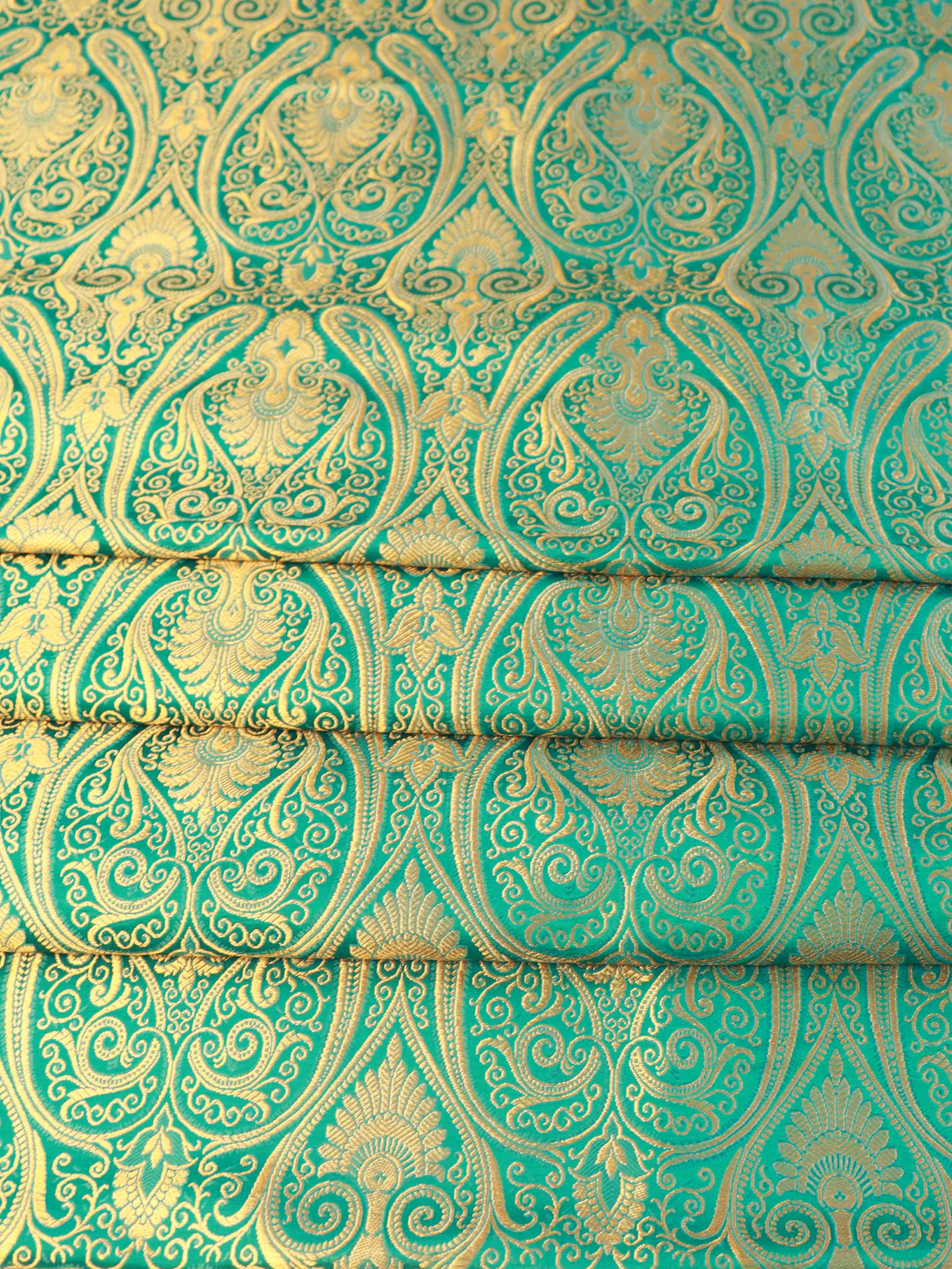 Banarasee Satin Brocade Gold Zari Jaal Design Fabric-Green
