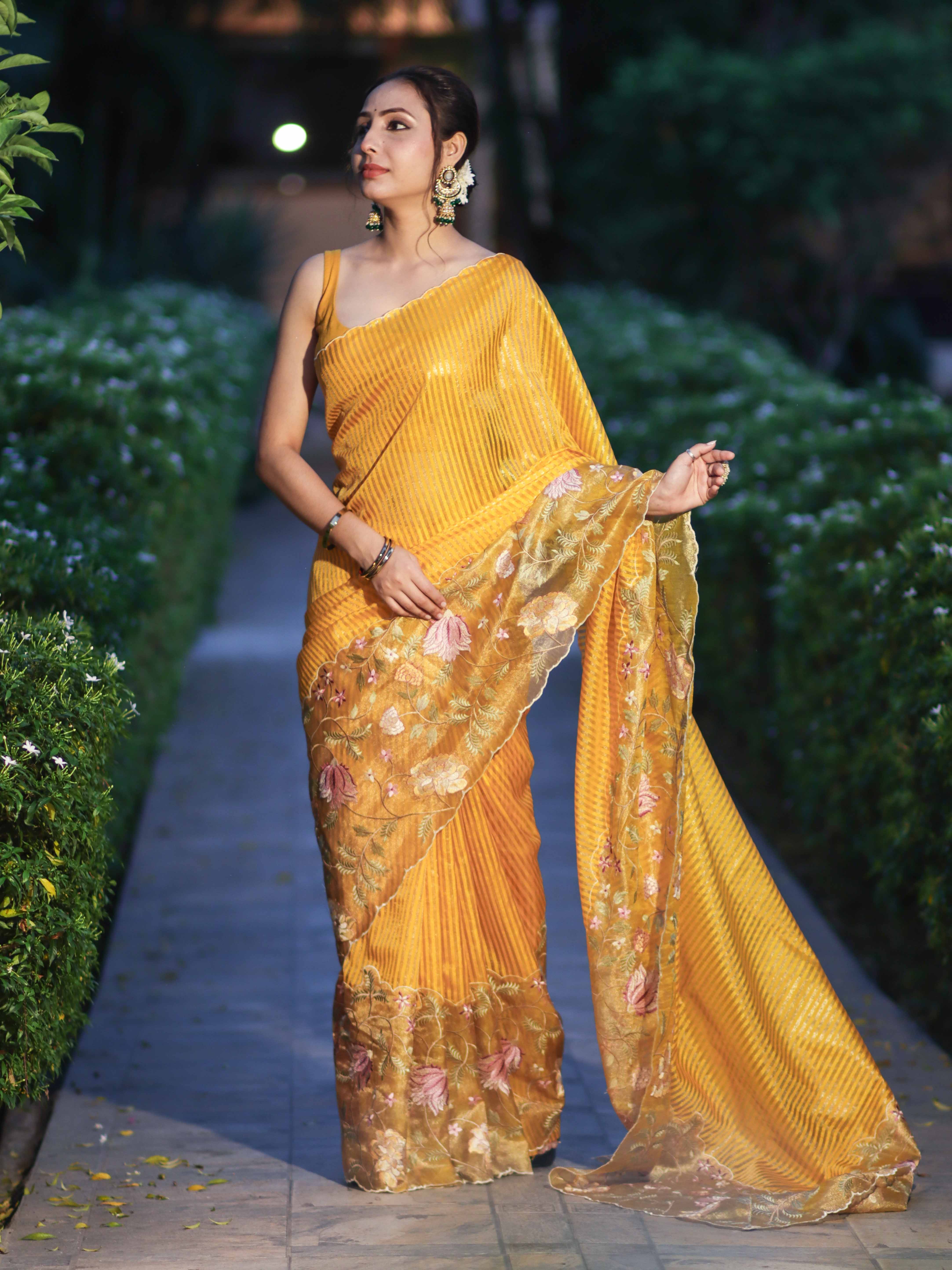 Banarasee Tissue Silk Saree With Zari Stripes & Resham Floral Embroidered Broad Border-Yellow