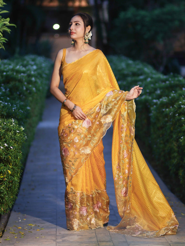 Banarasee Tissue Silk Saree With Zari Stripes & Resham Floral Embroidered Broad Border-Yellow