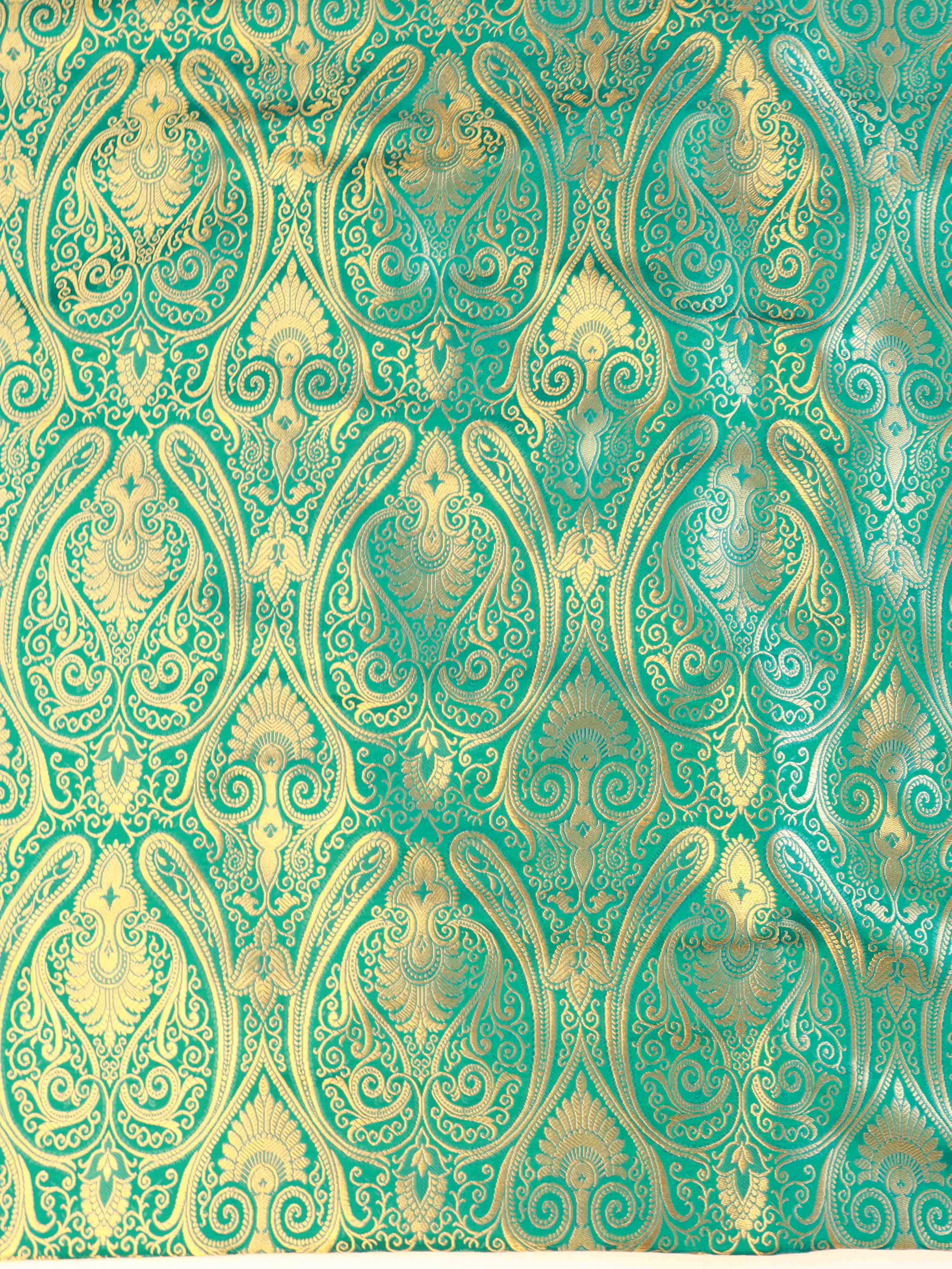 Banarasee Satin Brocade Gold Zari Jaal Design Fabric-Green