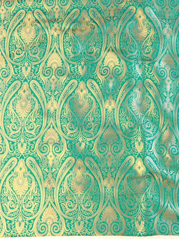 Banarasee Satin Brocade Gold Zari Jaal Design Fabric-Green