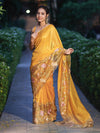 Banarasee Tissue Silk Saree With Zari Stripes & Resham Floral Embroidered Broad Border-Yellow