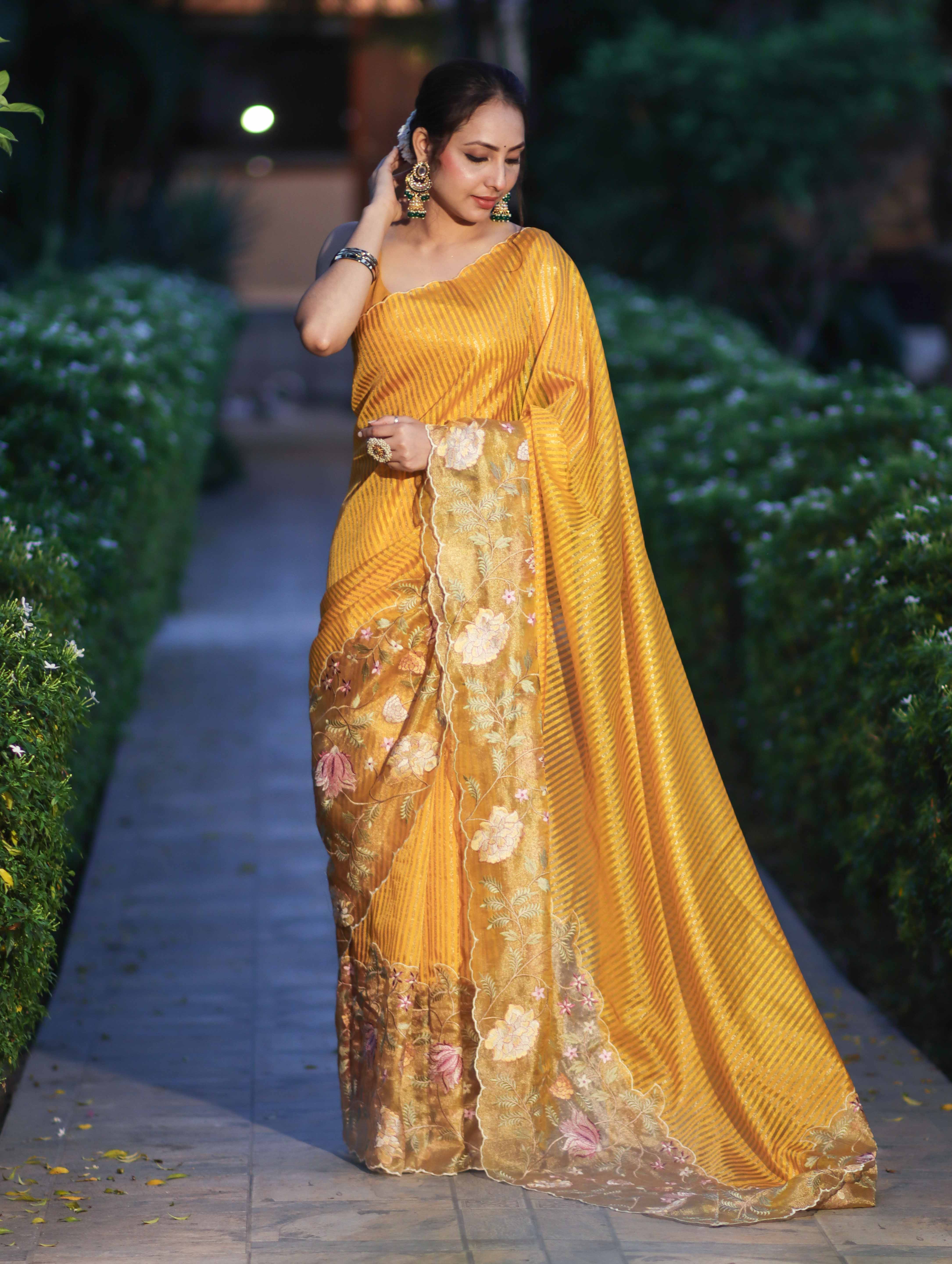 Banarasee Tissue Silk Saree With Zari Stripes & Resham Floral Embroidered Broad Border-Yellow