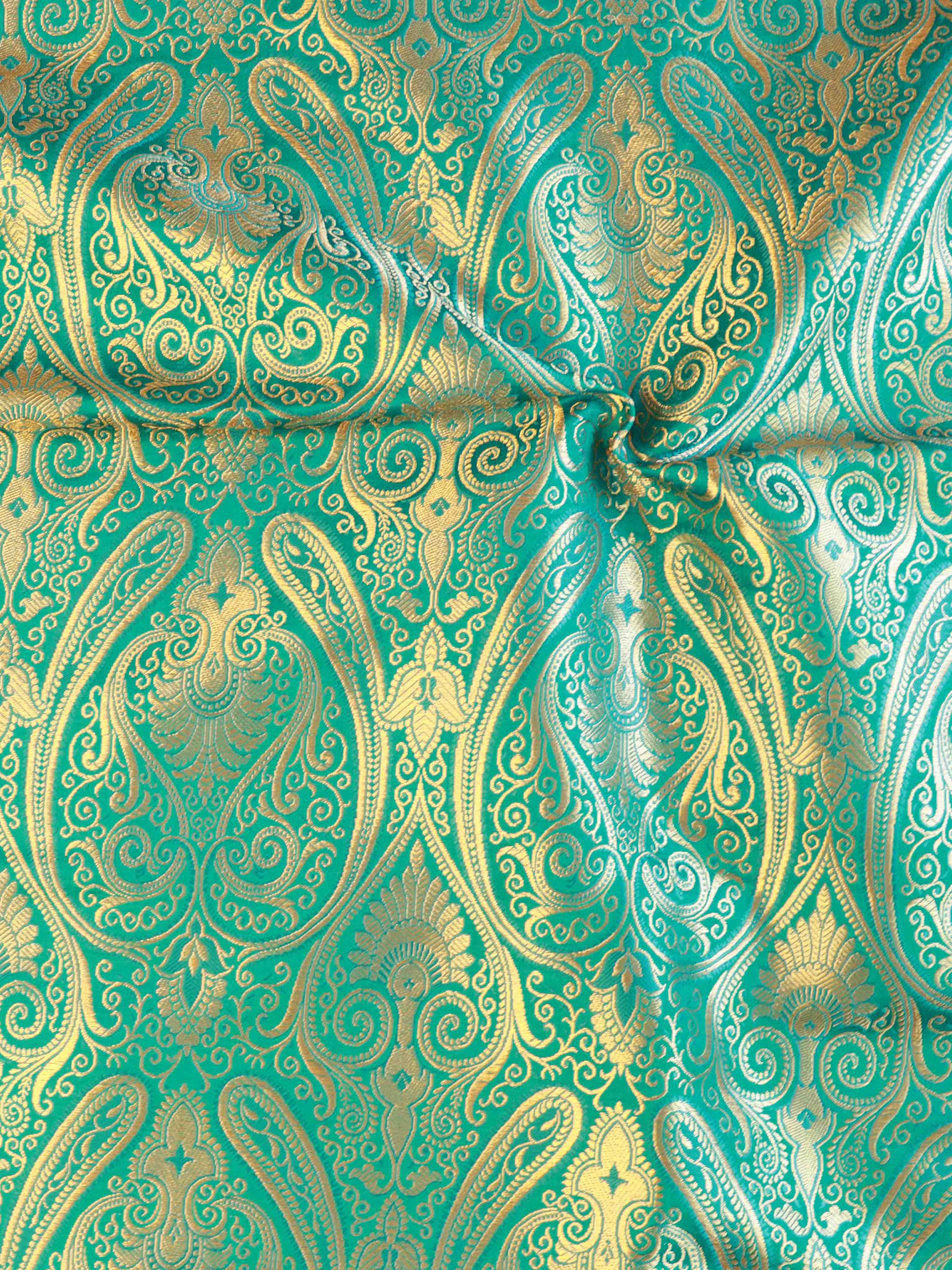 Banarasee Satin Brocade Gold Zari Jaal Design Fabric-Green