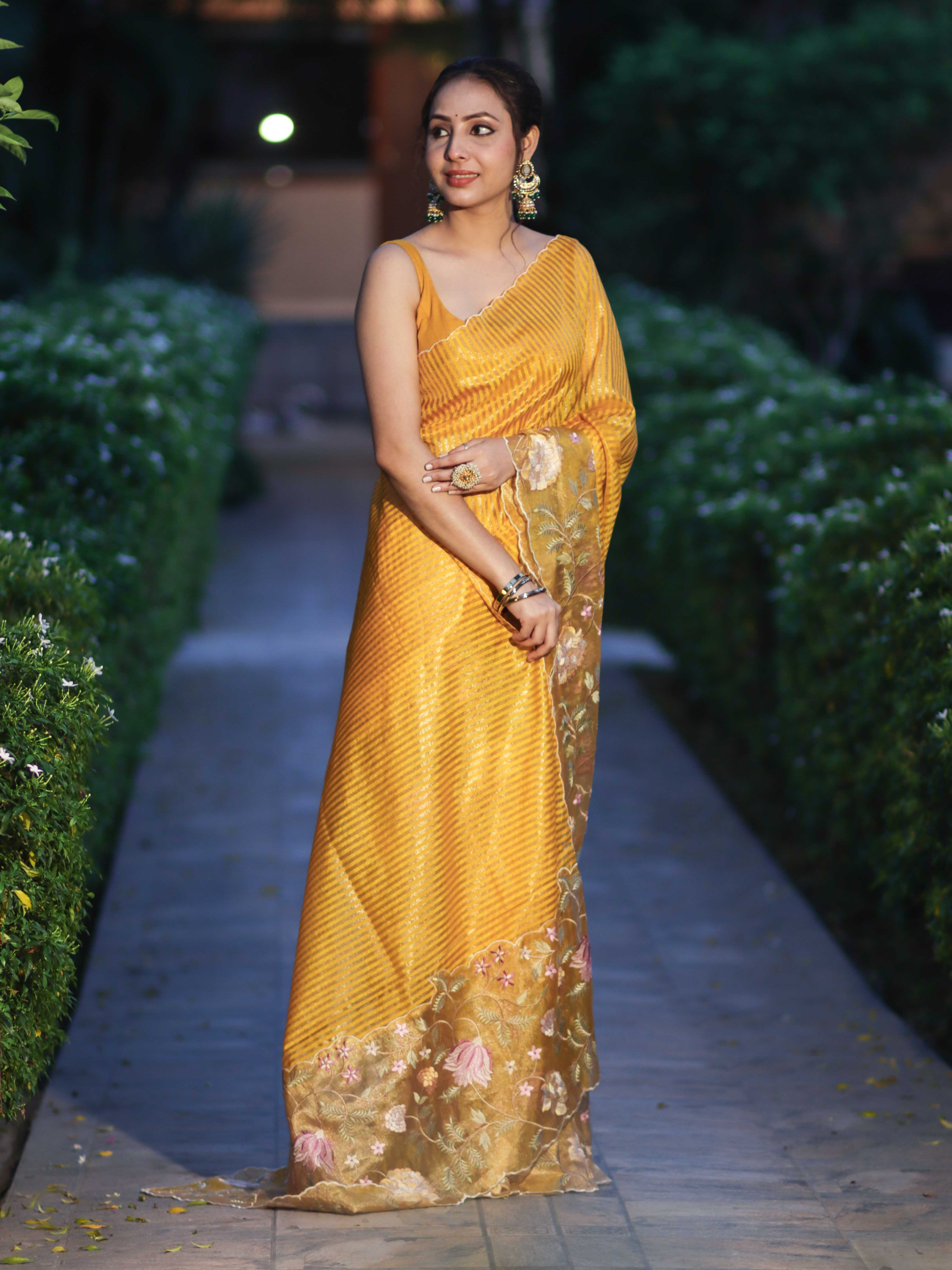 Banarasee Tissue Silk Saree With Zari Stripes & Resham Floral Embroidered Broad Border-Yellow