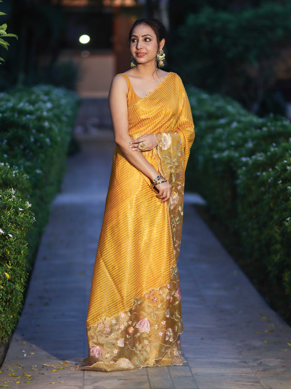 Banarasee Tissue Silk Saree With Zari Stripes & Resham Floral Embroidered Broad Border-Yellow