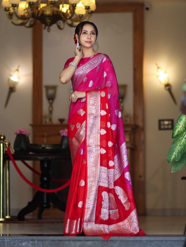 Banarasee Handwoven Dual Color Semi-Chiffon Saree With Zari Work-Pink & Red