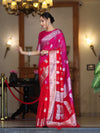 Banarasee Handwoven Dual Color Semi-Chiffon Saree With Zari Work-Pink & Red