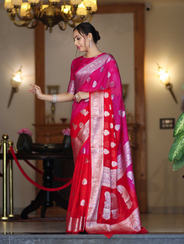 Banarasee Handwoven Dual Color Semi-Chiffon Saree With Zari Work-Pink & Red