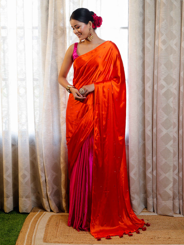 Banarasee Handloom Satin Hand Dyed Saree With Mirror Work-Orange & Pink