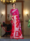Banarasee Handwoven Dual Color Semi-Chiffon Saree With Zari Work-Pink & Red