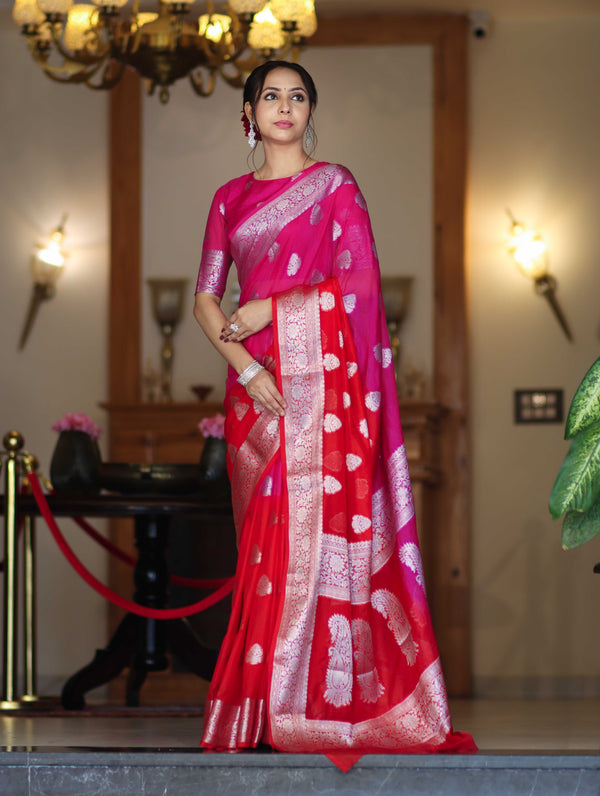 Banarasee Handwoven Dual Color Semi-Chiffon Saree With Zari Work-Pink & Red