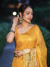 Banarasee Tissue Silk Saree With Zari Stripes & Resham Floral Embroidered Broad Border-Yellow