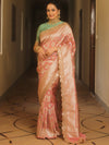 Banarasee Handwoven Georgette Saree With Zari Jaal Lace Border & Contrast Blouse-Onion Pink