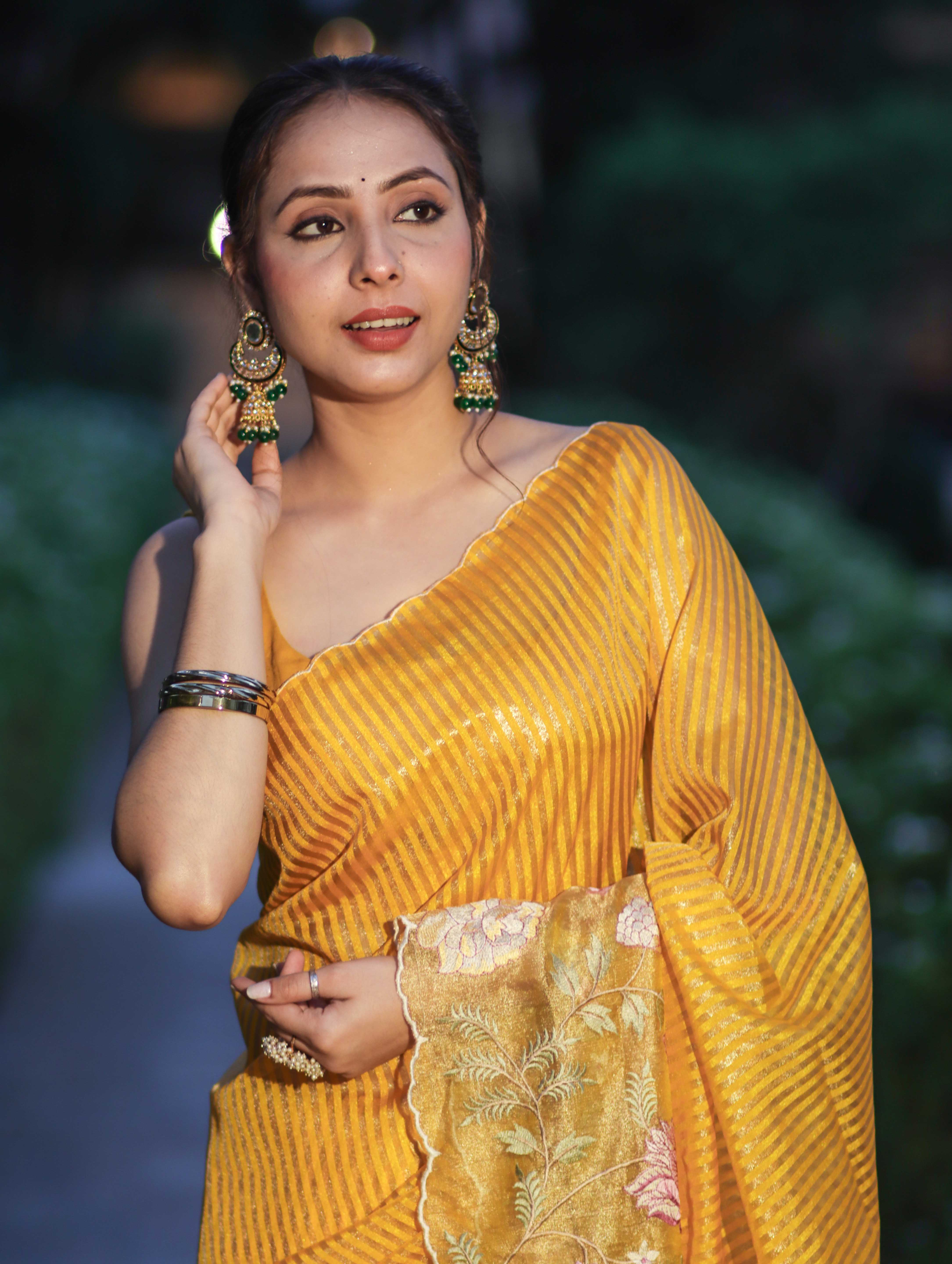 Banarasee Tissue Silk Saree With Zari Stripes & Resham Floral Embroidered Broad Border-Yellow