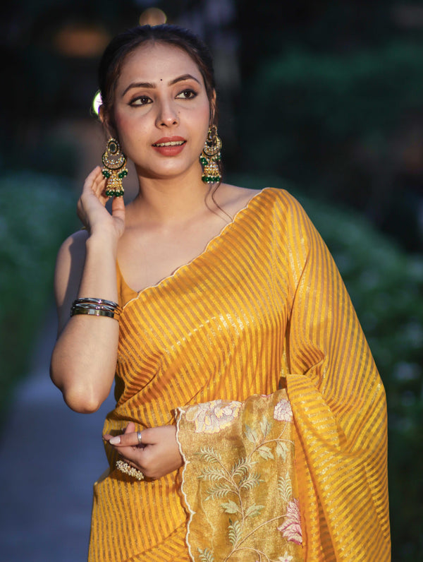 Banarasee Tissue Silk Saree With Zari Stripes & Resham Floral Embroidered Broad Border-Yellow