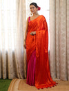 Banarasee Handloom Satin Hand Dyed Saree With Mirror Work-Orange & Pink