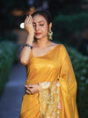 Banarasee Tissue Silk Saree With Zari Stripes & Resham Floral Embroidered Broad Border-Yellow