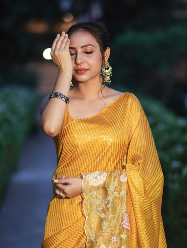Banarasee Tissue Silk Saree With Zari Stripes & Resham Floral Embroidered Broad Border-Yellow