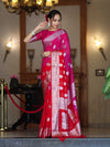 Banarasee Handwoven Dual Color Semi-Chiffon Saree With Zari Work-Pink & Red