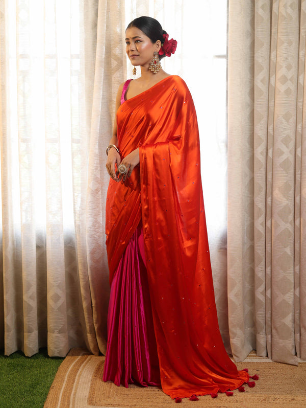 Banarasee Handloom Satin Hand Dyed Saree With Mirror Work-Orange & Pink
