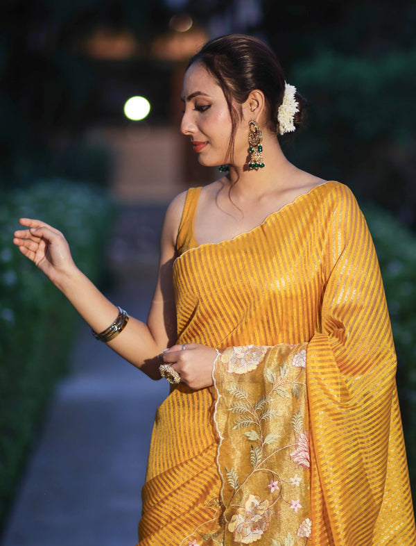 Banarasee Tissue Silk Saree With Zari Stripes & Resham Floral Embroidered Broad Border-Yellow