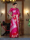 Banarasee Handwoven Dual Color Semi-Chiffon Saree With Zari Work-Pink & Red