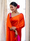 Banarasee Handloom Satin Hand Dyed Saree With Mirror Work-Orange & Pink