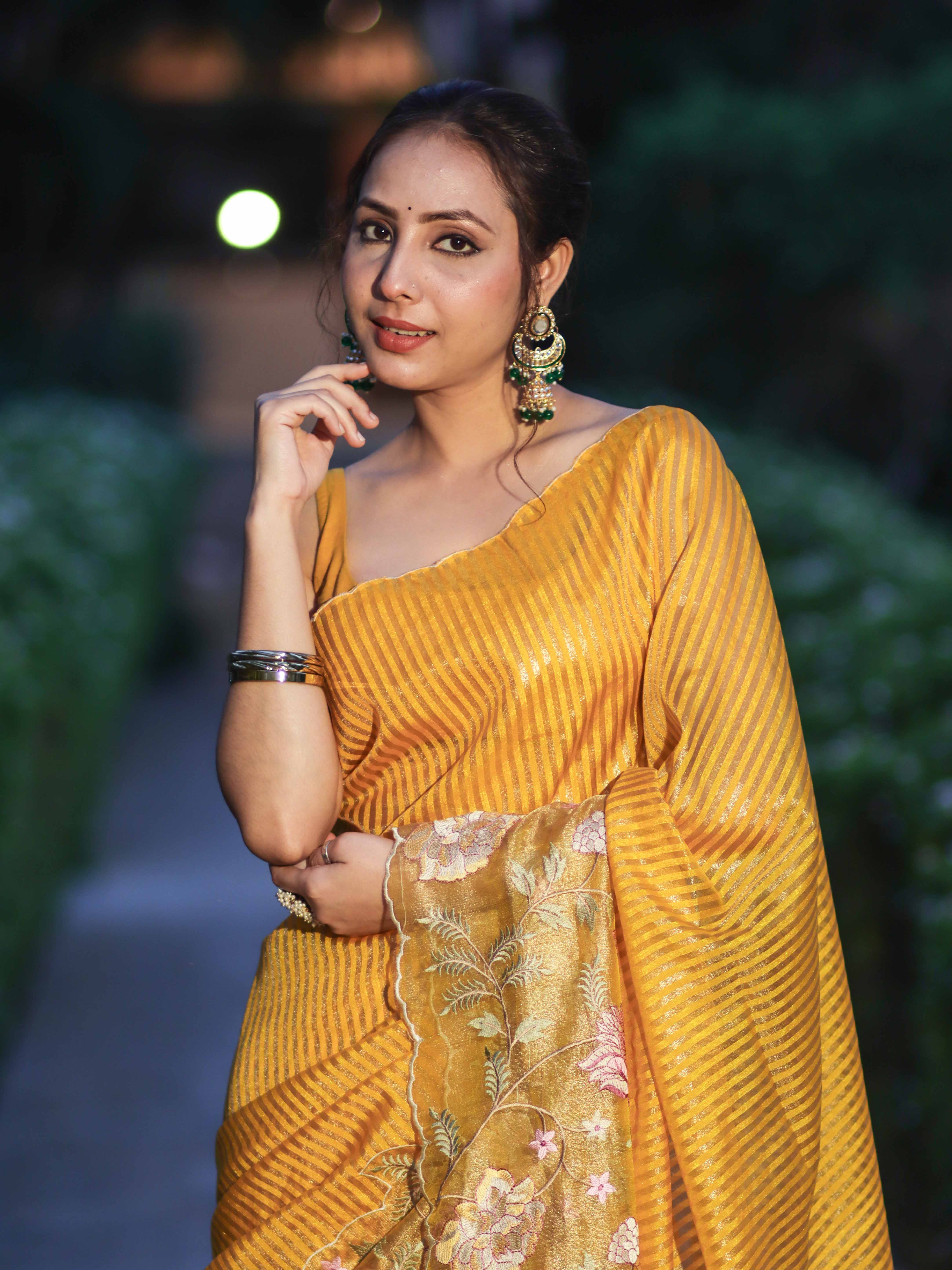 Banarasee Tissue Silk Saree With Zari Stripes & Resham Floral Embroidered Broad Border-Yellow