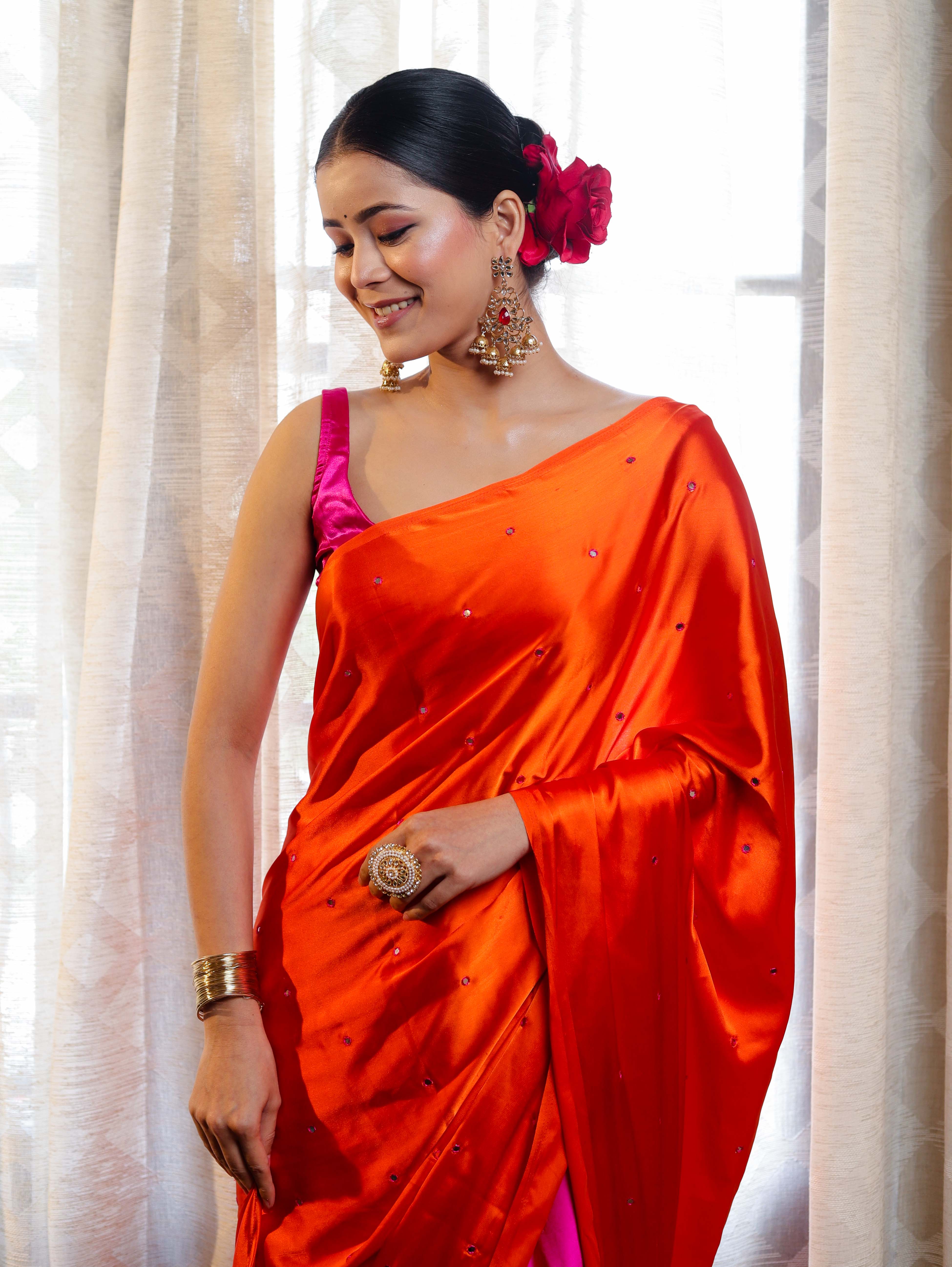Banarasee Handloom Satin Hand Dyed Saree With Mirror Work-Orange & Pink