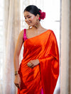 Banarasee Handloom Satin Hand Dyed Saree With Mirror Work-Orange & Pink