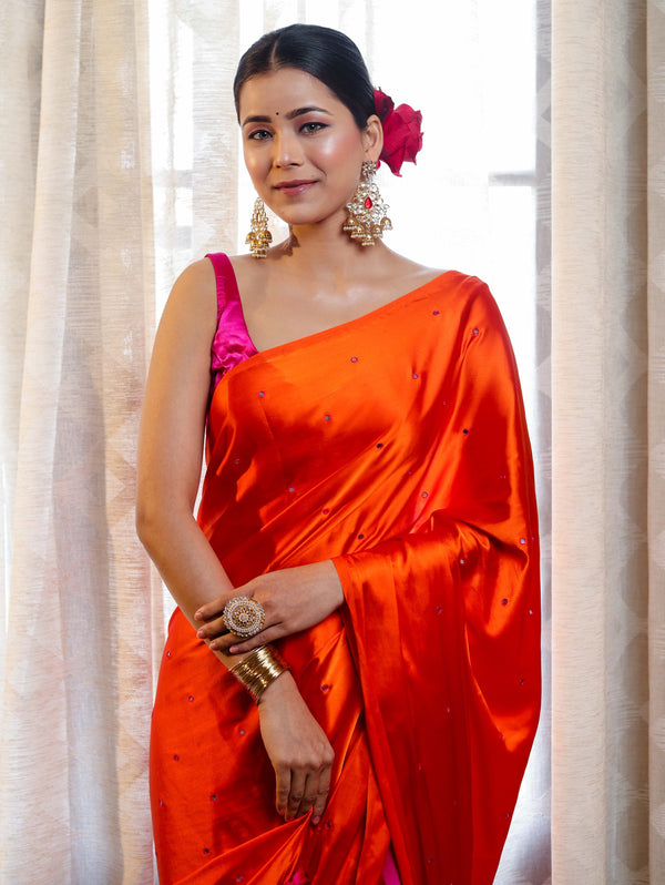 Banarasee Handloom Satin Hand Dyed Saree With Mirror Work-Orange & Pink
