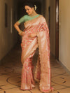 Banarasee Handwoven Georgette Saree With Zari Jaal Lace Border & Contrast Blouse-Onion Pink