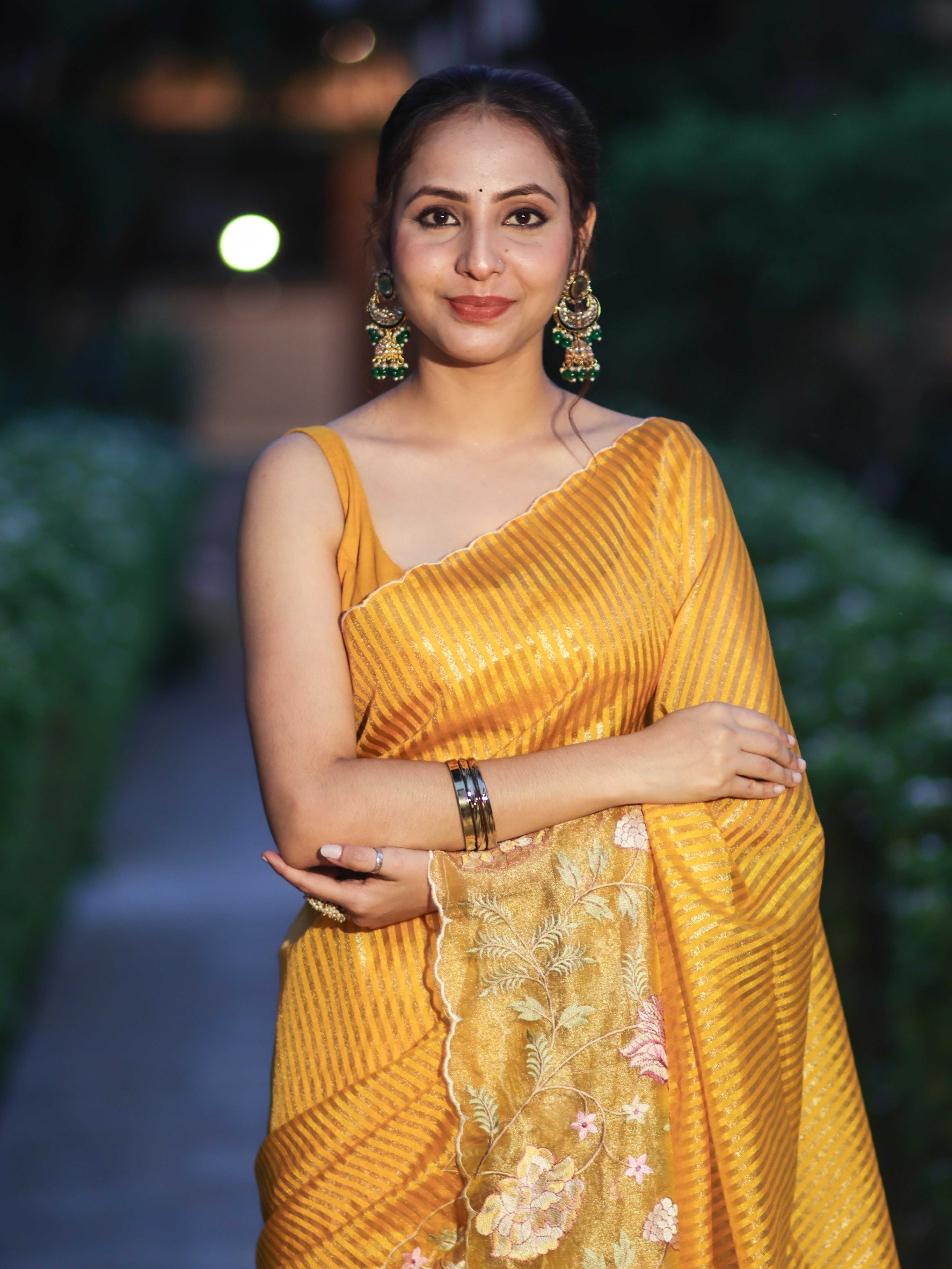 Banarasee Tissue Silk Saree With Zari Stripes & Resham Floral Embroidered Broad Border-Yellow