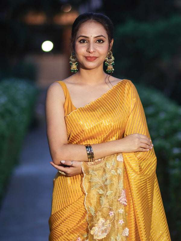 Banarasee Tissue Silk Saree With Zari Stripes & Resham Floral Embroidered Broad Border-Yellow