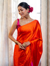 Banarasee Handloom Satin Hand Dyed Saree With Mirror Work-Orange & Pink