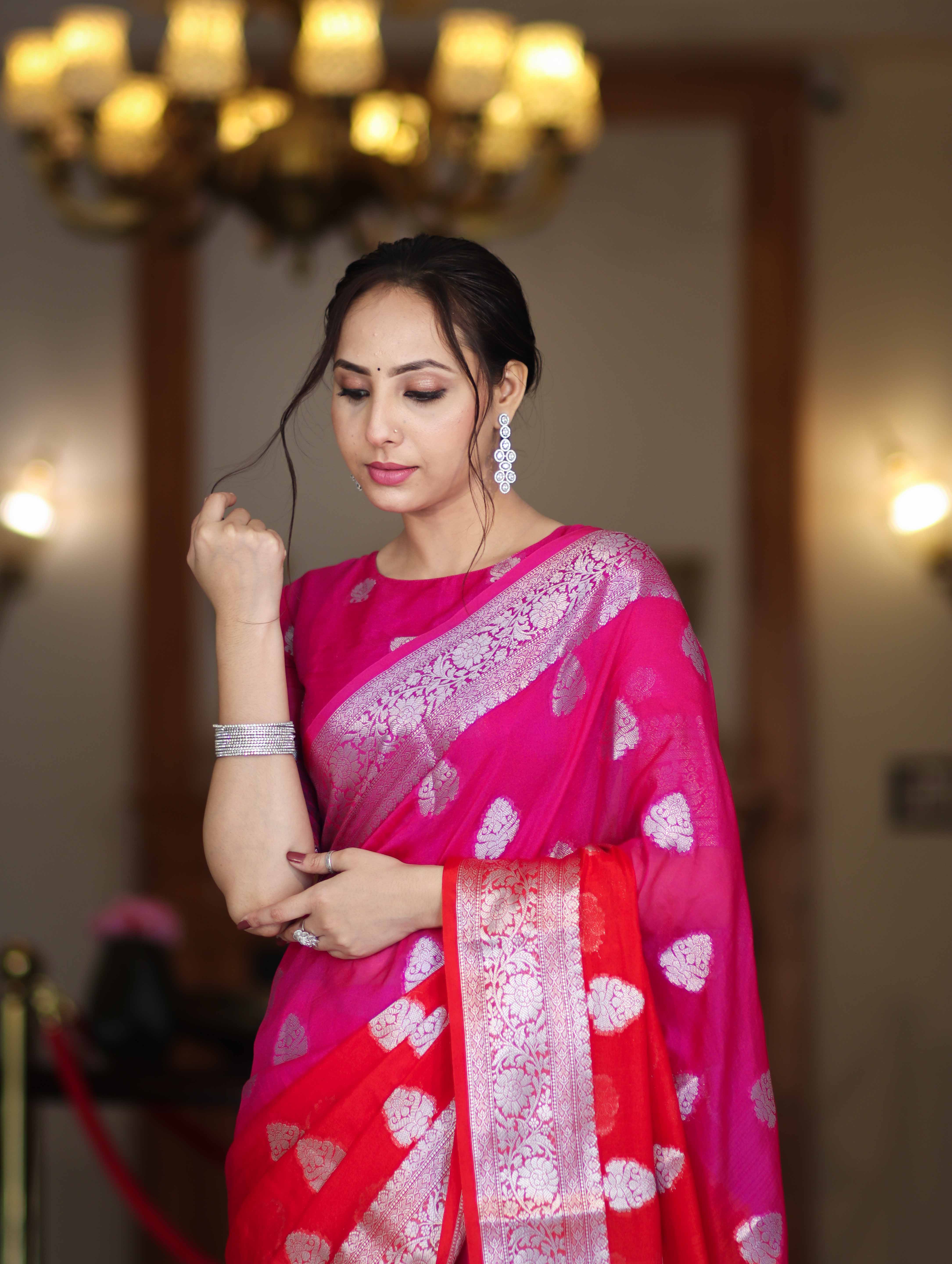 Banarasee Handwoven Dual Color Semi-Chiffon Saree With Zari Work-Pink & Red